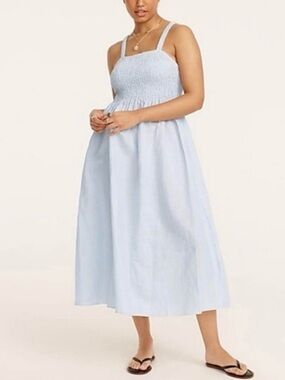 J.Crew Blue&White Striped Smocked Beach Dress Linen Cotton, Coastal Sun Dress.